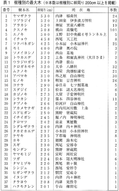 表1樹種別の最大木