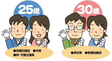 25歳：衆議院銀、市長、県・市議会銀　30歳：県知事、参議院議員