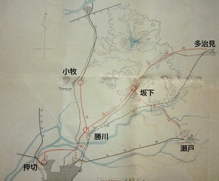 写真3 大正15年中央電気鉄道予定線図 地名を加筆(名鉄資料館所蔵)