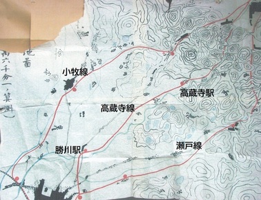 写真1 「中央線計画絵図」に3線等付け加え(小牧市神明社所蔵)